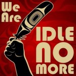 Red background, hand holds eagle feather - We are Idle No More